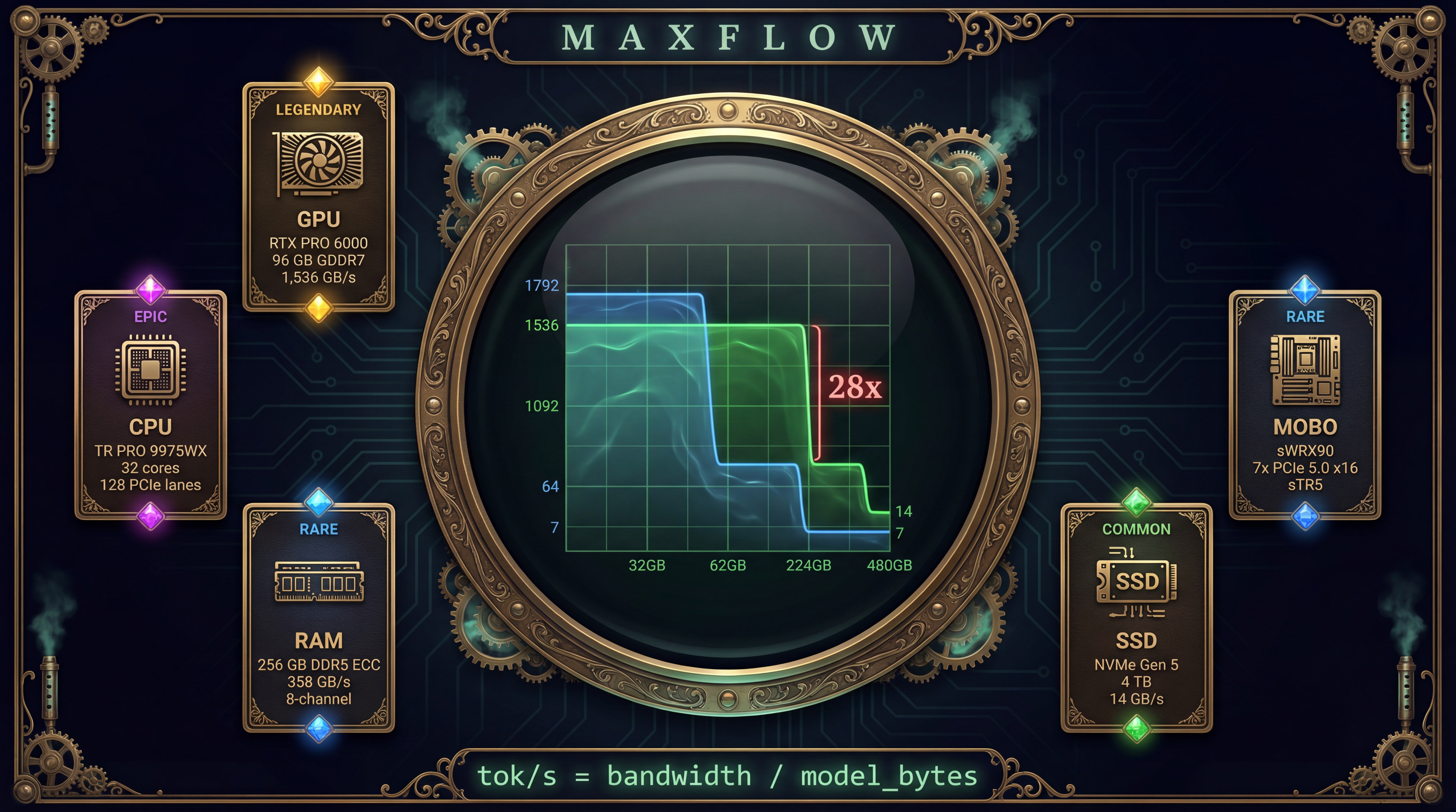 MAXFLOW PC Builder — bandwidth staircase with component cards